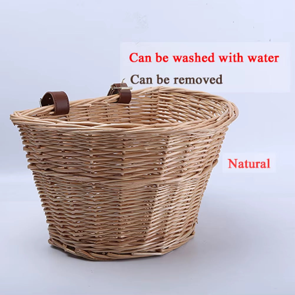 EcoDrop Vintage Wicker Bicycle Basket – Handwoven D-Shaped Front Basket with Leather Straps