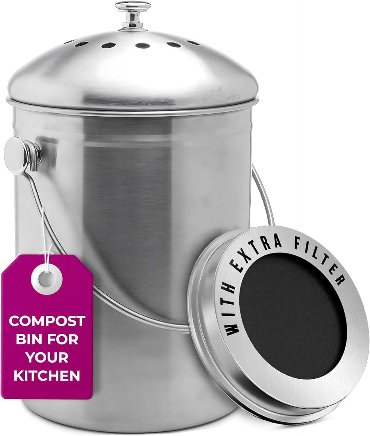 EcoDrop Stainless Steel Compost Bin 1.3 Gallon-Includes Charcoal Filter