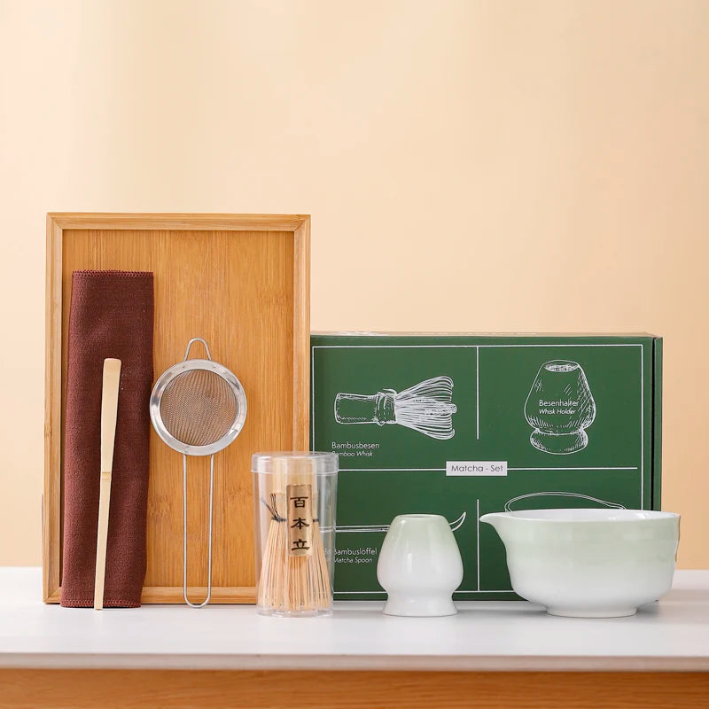 EcoDrop 7-Piece Handmade Matcha Set – Ceramic Tea Bowl & Bamboo Whisk Gift Set