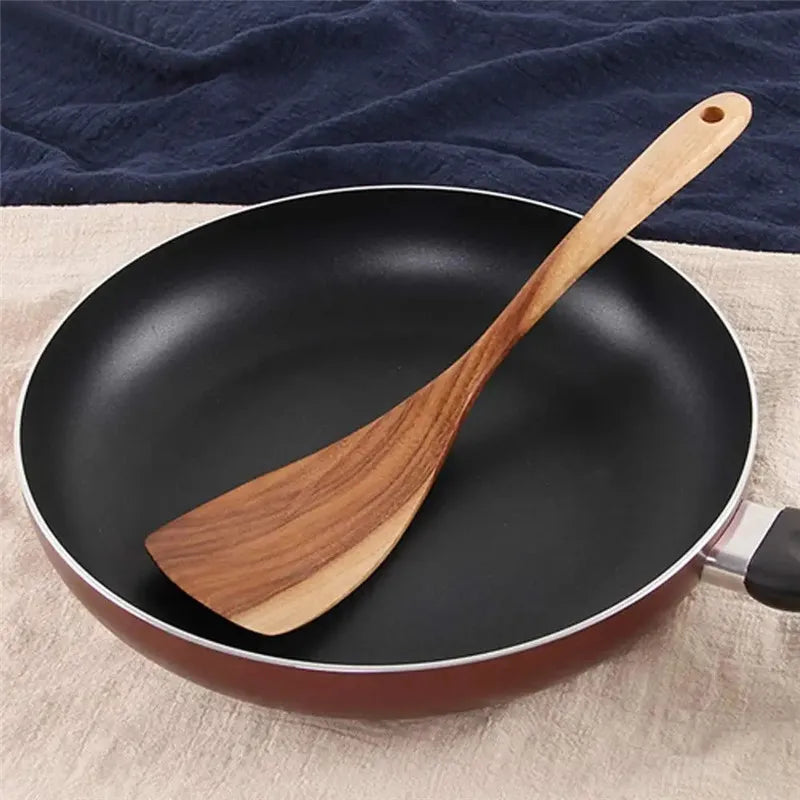 Kitchen 7 Piece Wooden Spoons Teak Wood Utensil Non-Stick Wooden Cooking Utensils Tools Set Accessories Soup Spatula-3