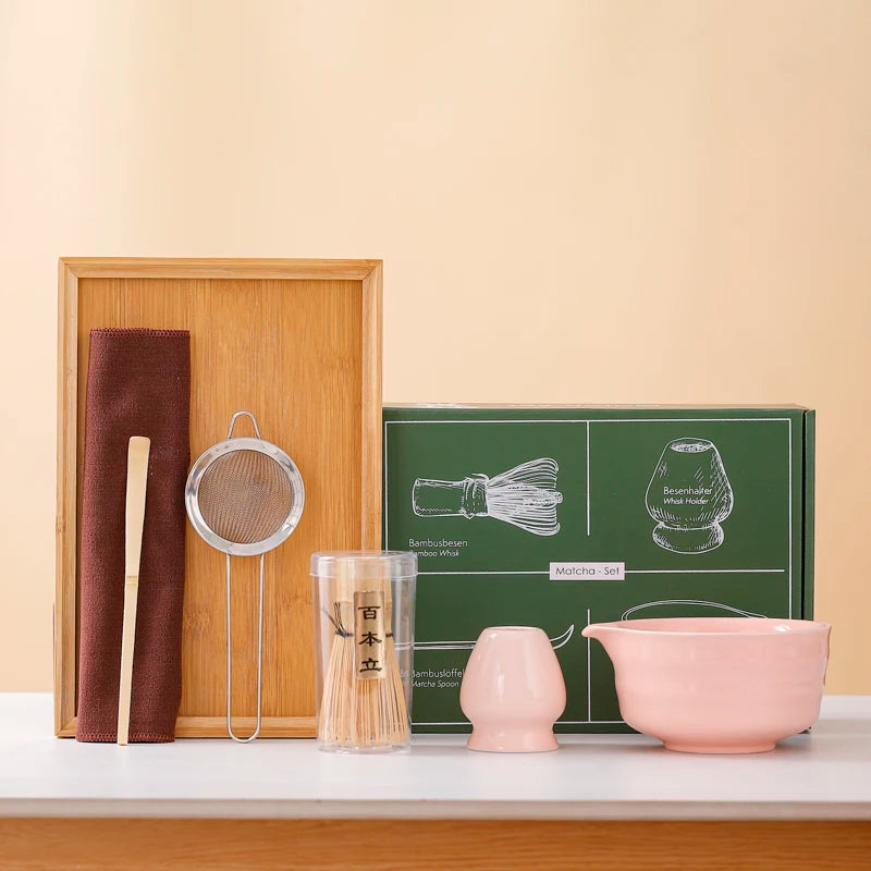 EcoDrop 7-Piece Handmade Matcha Set – Ceramic Tea Bowl & Bamboo Whisk Gift Set