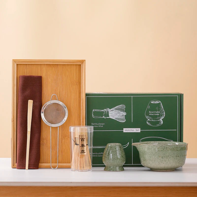 EcoDrop 7-Piece Handmade Matcha Set – Ceramic Tea Bowl & Bamboo Whisk Gift Set