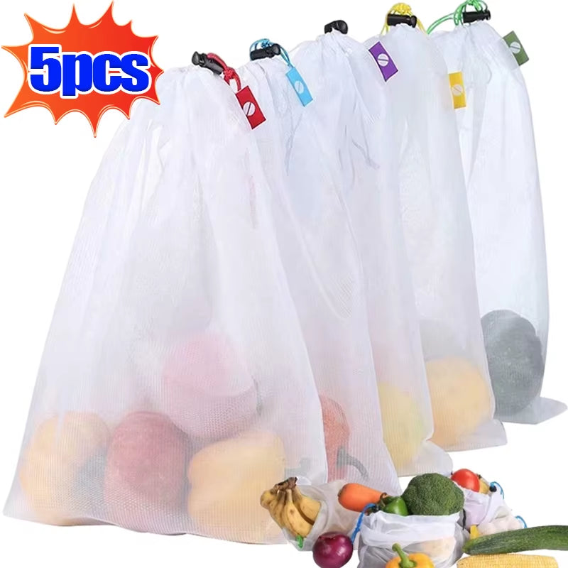 EcoDrop Reusable Mesh Produce Bags – 5-Pack Eco-Friendly Fruit & Veggie Storage Set