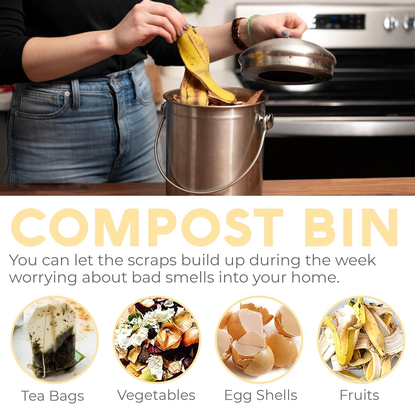 EcoDrop Stainless Steel Compost Bin 1.3 Gallon-Includes Charcoal Filter