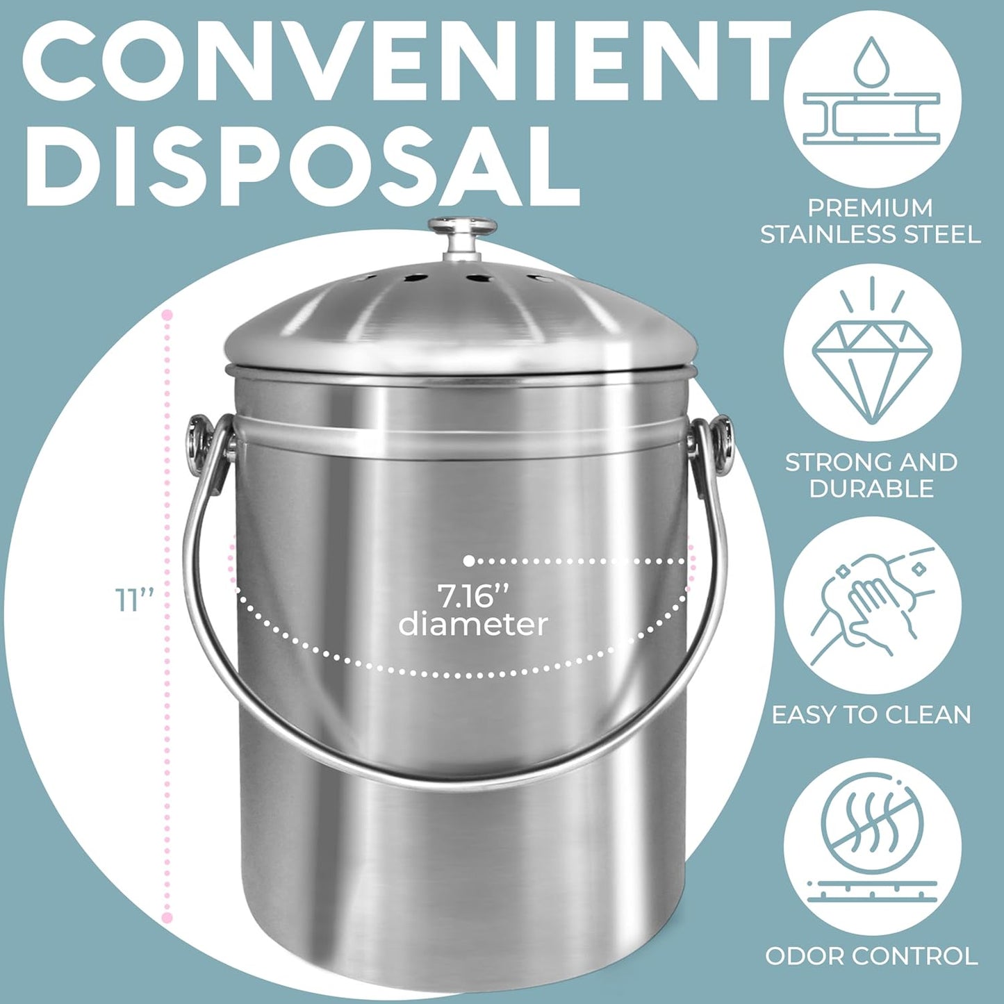 EcoDrop Stainless Steel Compost Bin 1.3 Gallon-Includes Charcoal Filter