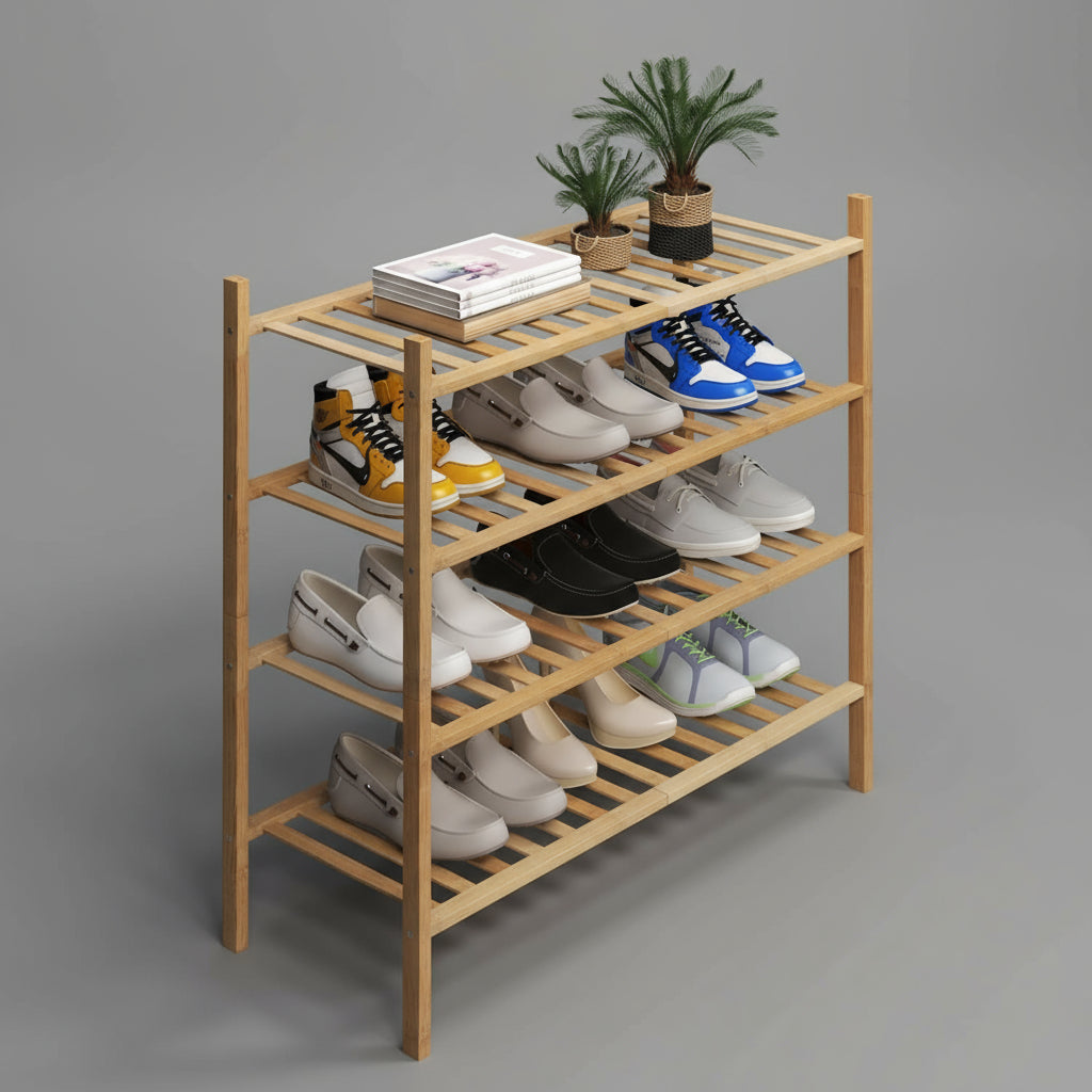 EcoDrop 4-Tier Bamboo Shoe Rack – Stackable, Free-Standing Organiser