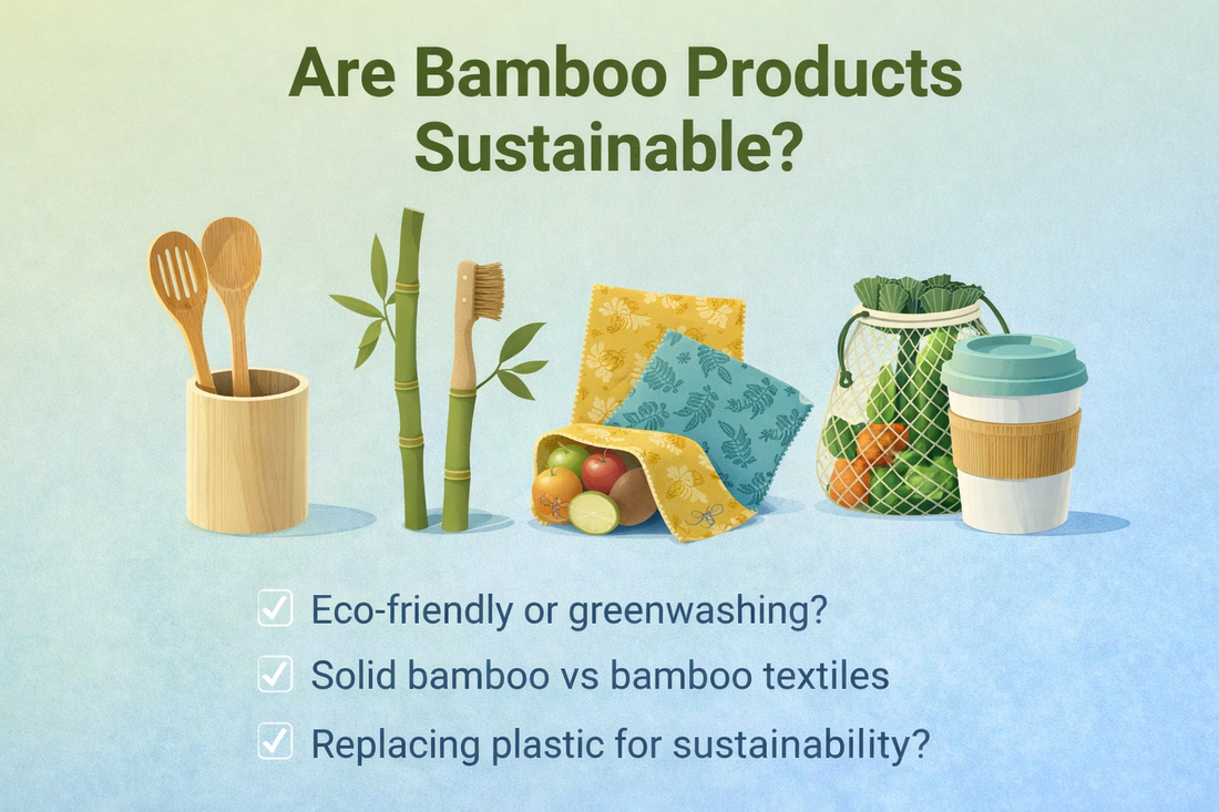 Are bamboo products sustainable in Australia illustration showing bamboo utensils and reusable alternatives