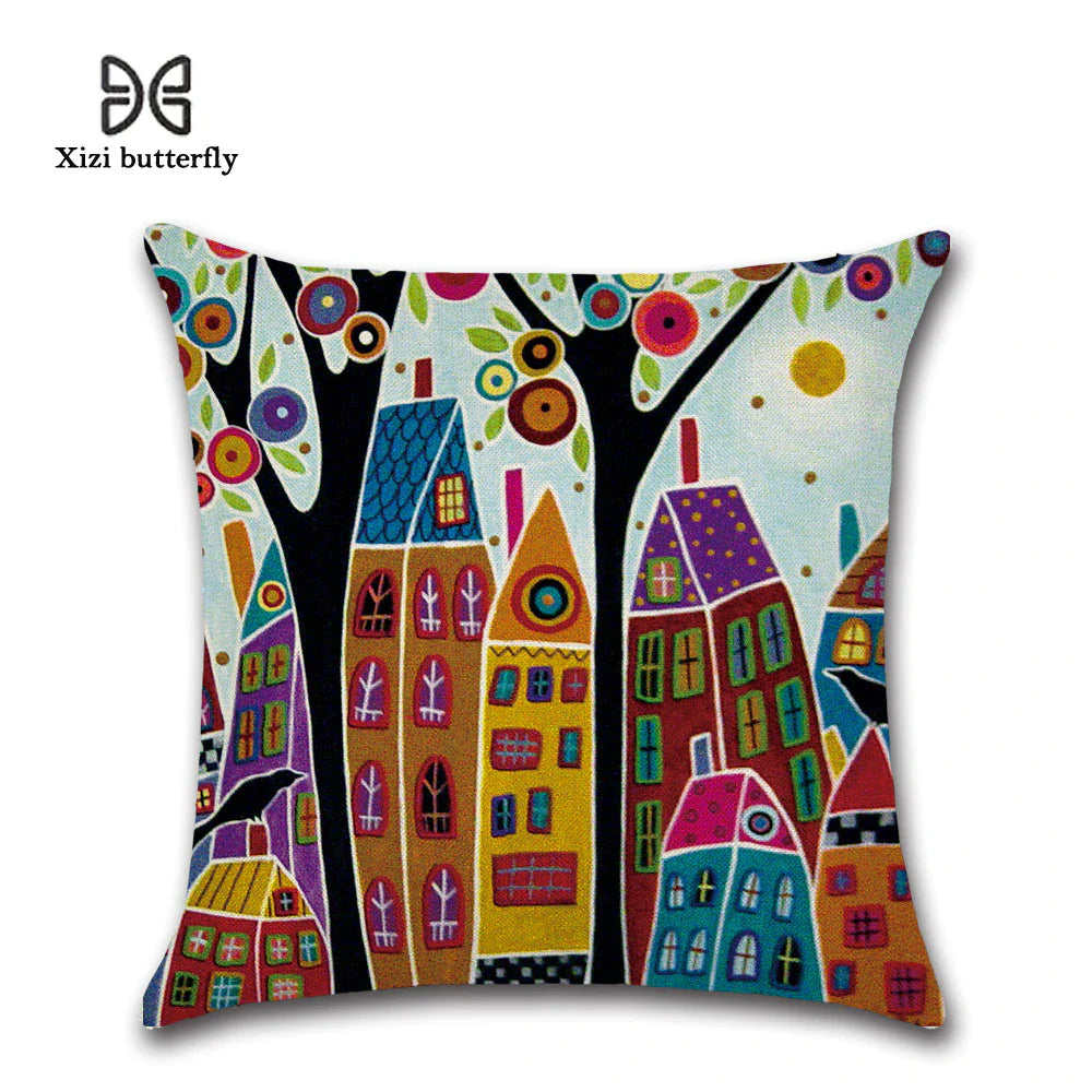 EcoDrop Hand-Painted Retro Rural Color Cities 45*45Cm Cushion Cover Linen 