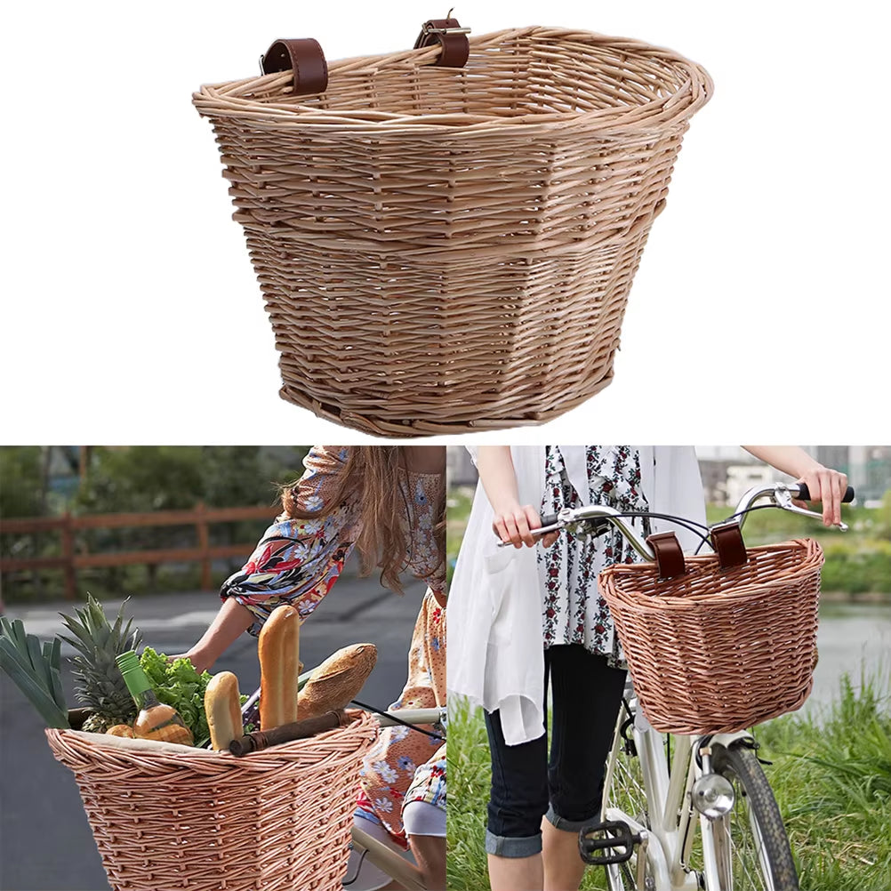 EcoDrop Vintage Wicker Bicycle Basket – Handwoven D-Shaped Front Basket with Leather Straps