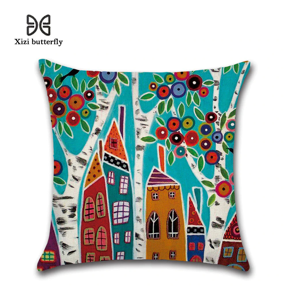 EcoDrop Hand-Painted Retro Rural Color Cities 45*45Cm Cushion Cover Linen 