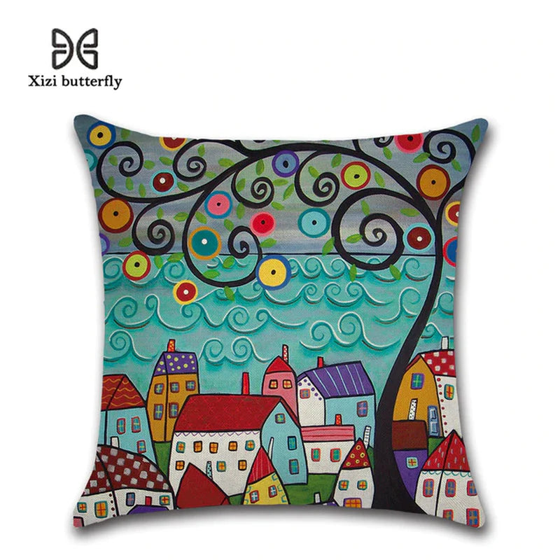 EcoDrop Hand-Painted Retro Rural Color Cities 45*45Cm Cushion Cover Linen 