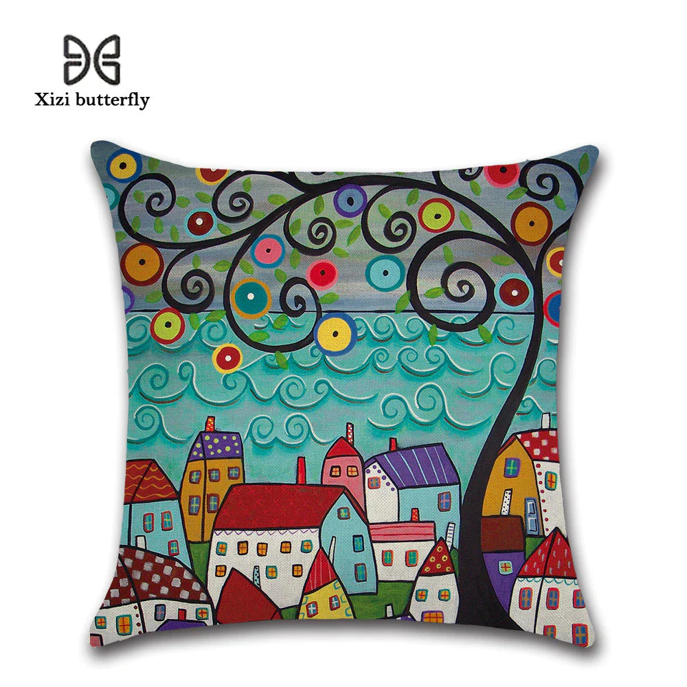 EcoDrop Hand-Painted Retro Rural Color Cities 45*45Cm Cushion Cover Linen 