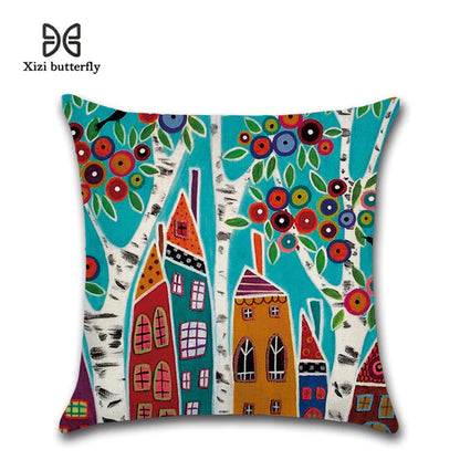 EcoDrop Hand-Painted Retro Rural Color Cities 45*45Cm Cushion Cover Linen 