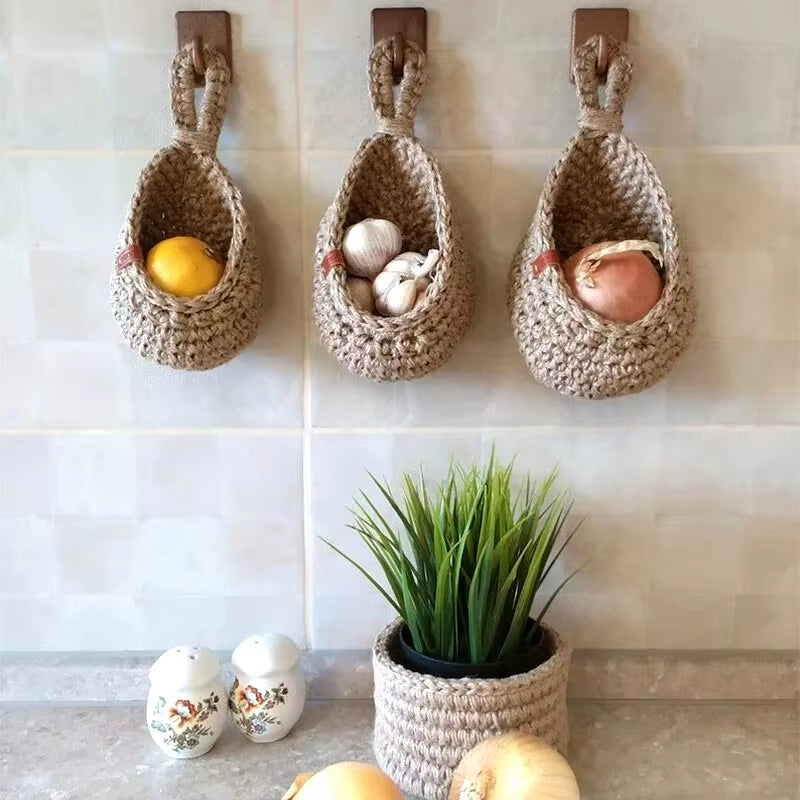 EcoDrop Wall-Mounted Natural Wicker Weave Storage Basket 