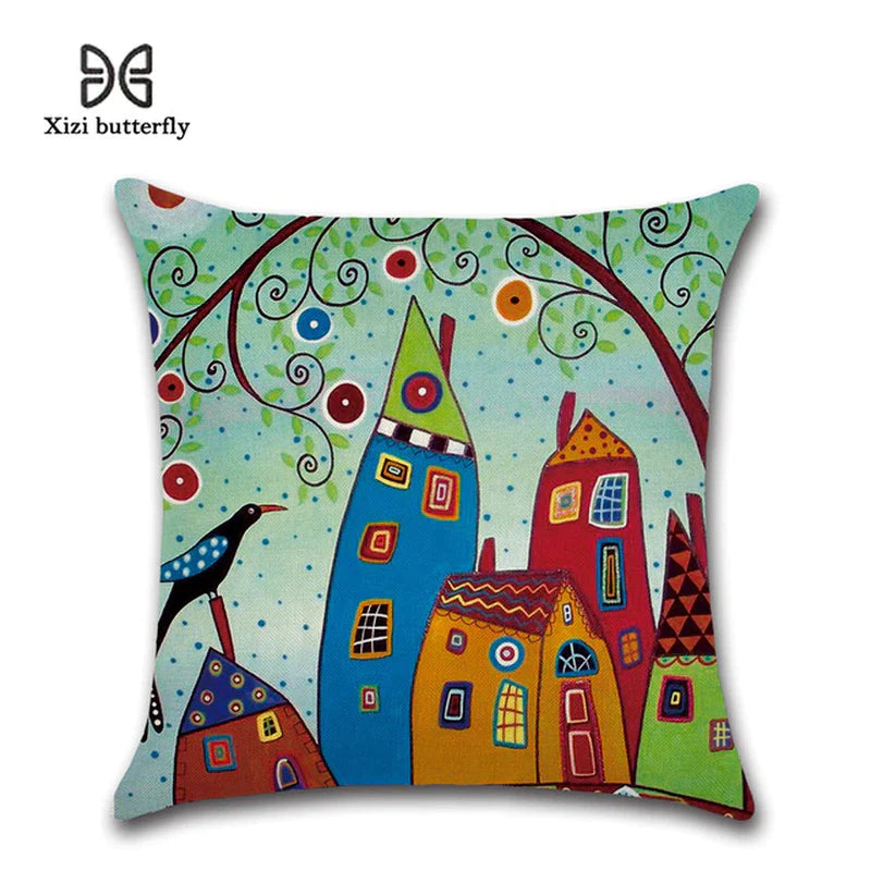 EcoDrop Hand-Painted Retro Rural Color Cities 45*45Cm Cushion Cover Linen 