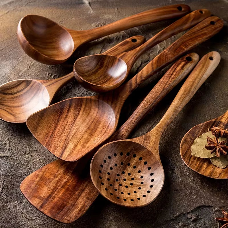 EcoDrop Premium Teak Wooden Cooking Utensils Set – Non-Toxic, Heat-Resistant, Non-Stick Safe, Handmade Natural Wooden Spoons & Spatulas
