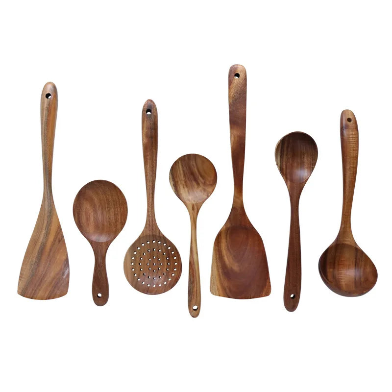 Kitchen 7 Piece Wooden Spoons Teak Wood Utensil Non-Stick Wooden Cooking Utensils Tools Set Accessories Soup Spatula-4