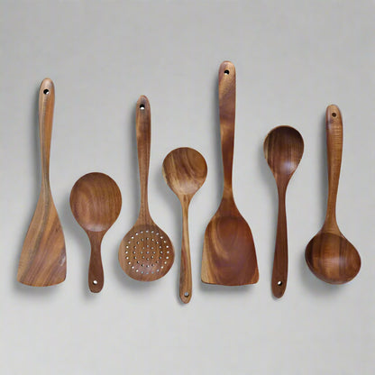 Kitchen 7 Piece Wooden Spoons Teak Wood Utensil Non-Stick Wooden Cooking Utensils Tools Set Accessories Soup Spatula-4