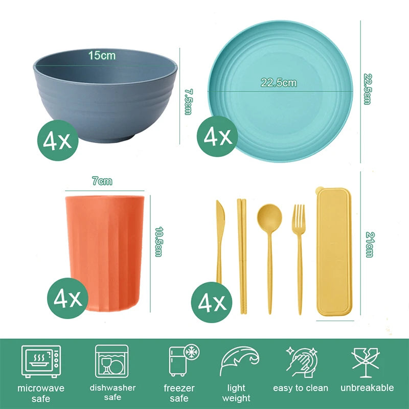 EcoDrop Wheat Straw Dinnerware Set – 32-Piece Colorful Eco-Friendly Tableware for 4-1