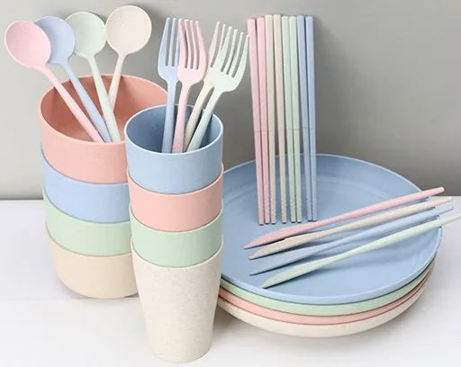 EcoDrop Wheat Straw Dinnerware Set – 32-Piece Colorful Eco-Friendly Tableware for 4-6