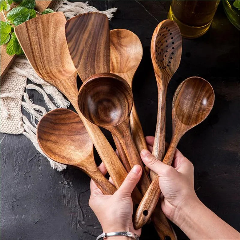 Kitchen 7 Piece Wooden Spoons Teak Wood Utensil Non-Stick Wooden Cooking Utensils Tools Set Accessories Soup Spatula-1