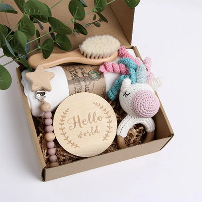 Handmade Crochet Wooden Baby Rattle Set with Pacifier Clip Newborn Gift and Baby Shower Present in Gift Box-7