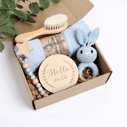 Handmade Crochet Wooden Baby Rattle Set with Pacifier Clip Newborn Gift and Baby Shower Present in Gift Box-4