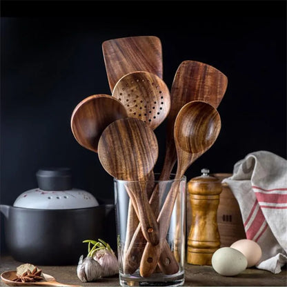 Kitchen 7 Piece Wooden Spoons Teak Wood Utensil Non-Stick Wooden Cooking Utensils Tools Set Accessories Soup Spatula-2
