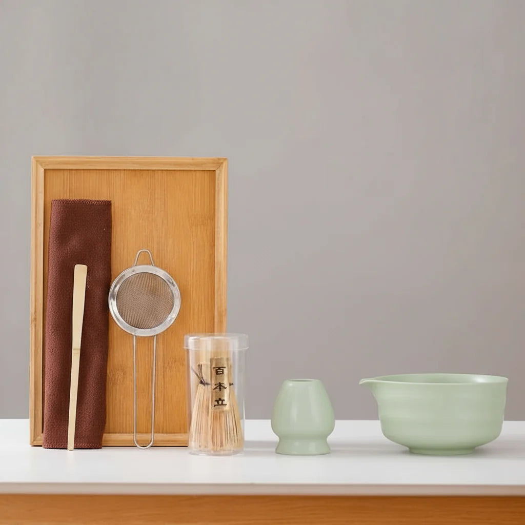 EcoDrop 7-Piece Handmade Matcha Set – Ceramic Tea Bowl & Bamboo Whisk Gift Set