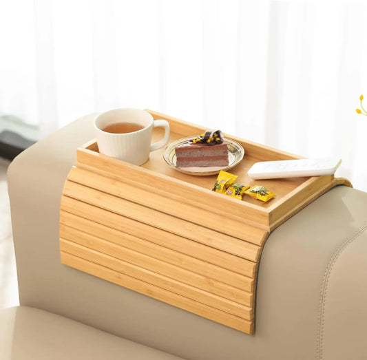 Bamboo Folding Sofa  Arm Tray, Sofa Armrest Tray Table Anti-Slip Living Room Small Coffee Table to Save Space Clip Table-0
