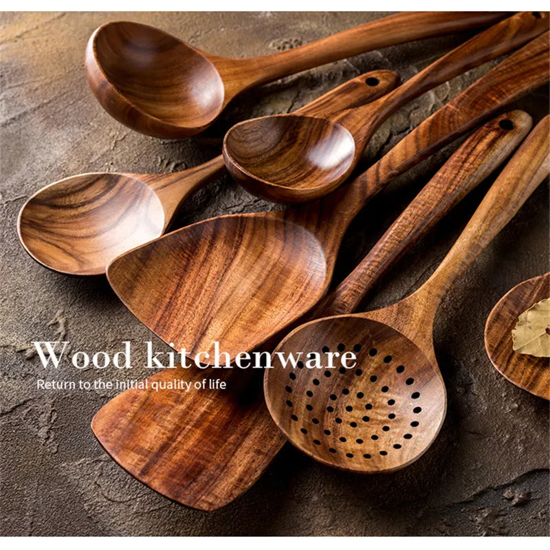 Kitchen 7 Piece Wooden Spoons Teak Wood Utensil Non-Stick Wooden Cooking Utensils Tools Set Accessories Soup Spatula-5