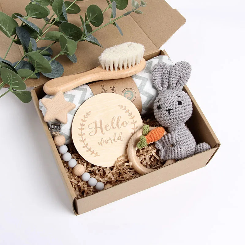 Handmade Crochet Wooden Baby Rattle Set with Pacifier Clip Newborn Gift and Baby Shower Present in Gift Box-11