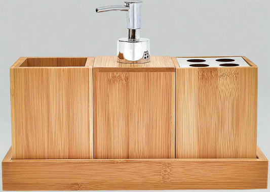 EcoDrop Bamboo Bathroom Soap Dispenser & Toothbrush Holder Set