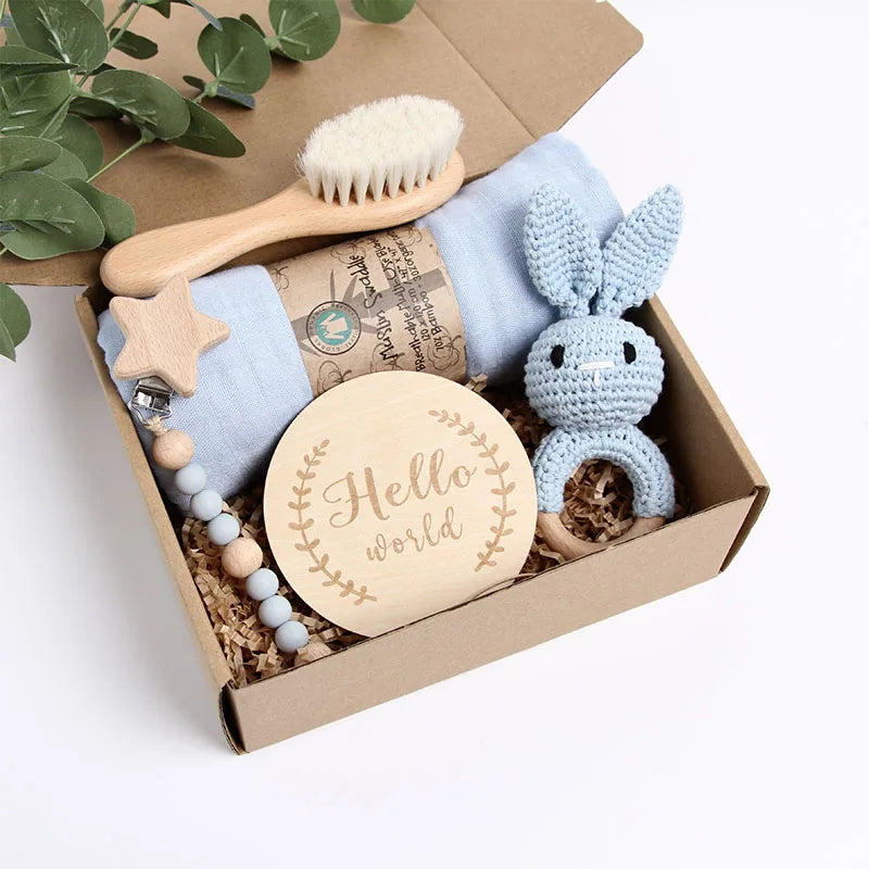 Handmade Crochet Wooden Baby Rattle Set with Pacifier Clip Newborn Gift and Baby Shower Present in Gift Box-9