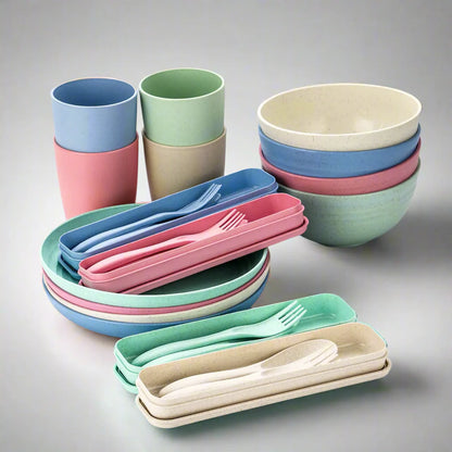 EcoDrop Wheat Straw Dinnerware Set – 4 Colors, 24-Piece Eco-Friendly Tableware