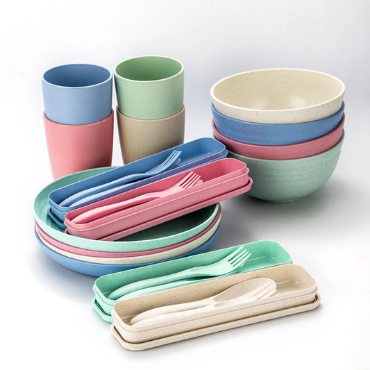 EcoDrop Wheat Straw Dinnerware Set – 4 Colors, 24-Piece Eco-Friendly Tableware-0