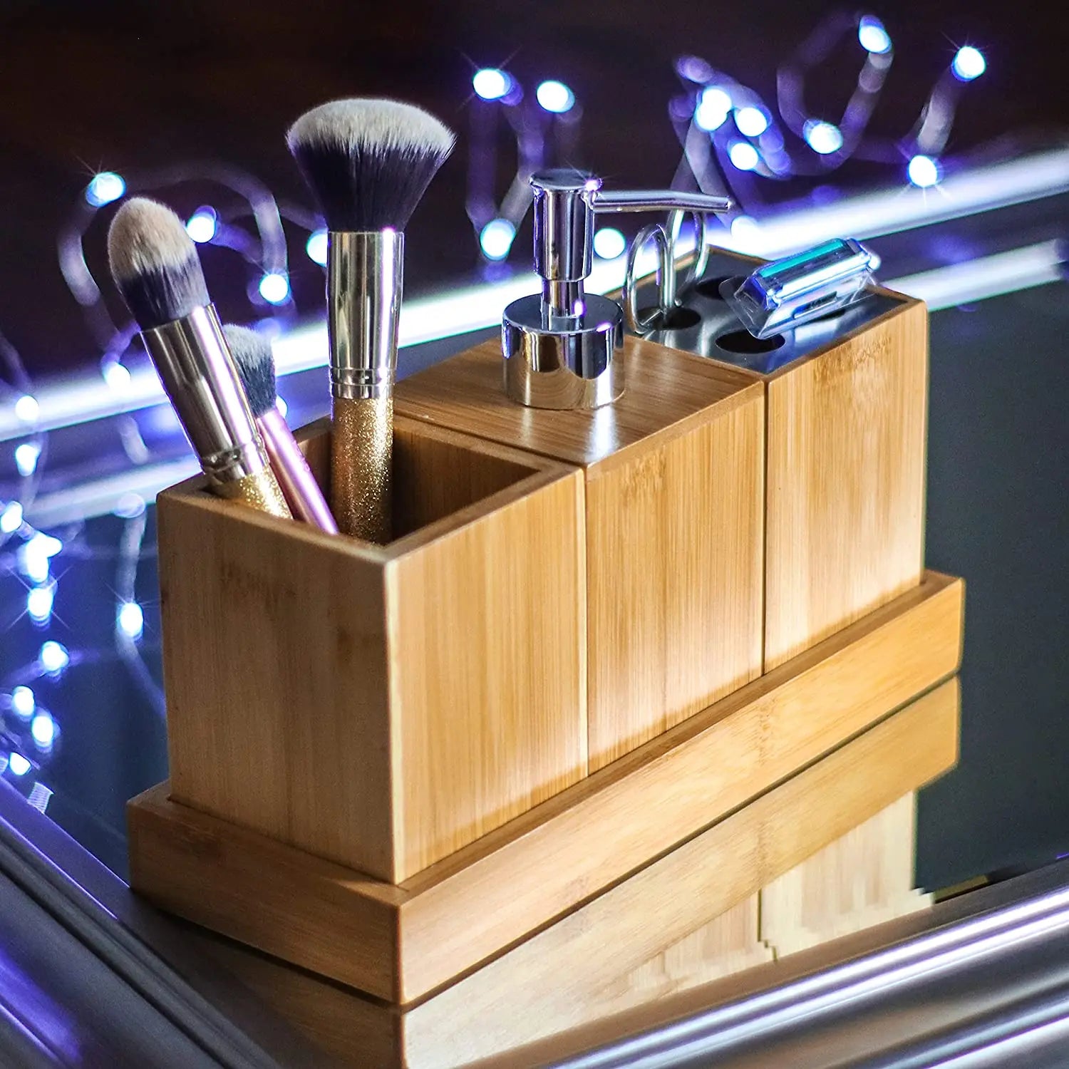 EcoDrop Bamboo Bathroom Soap Dispenser & Toothbrush Holder Set-4