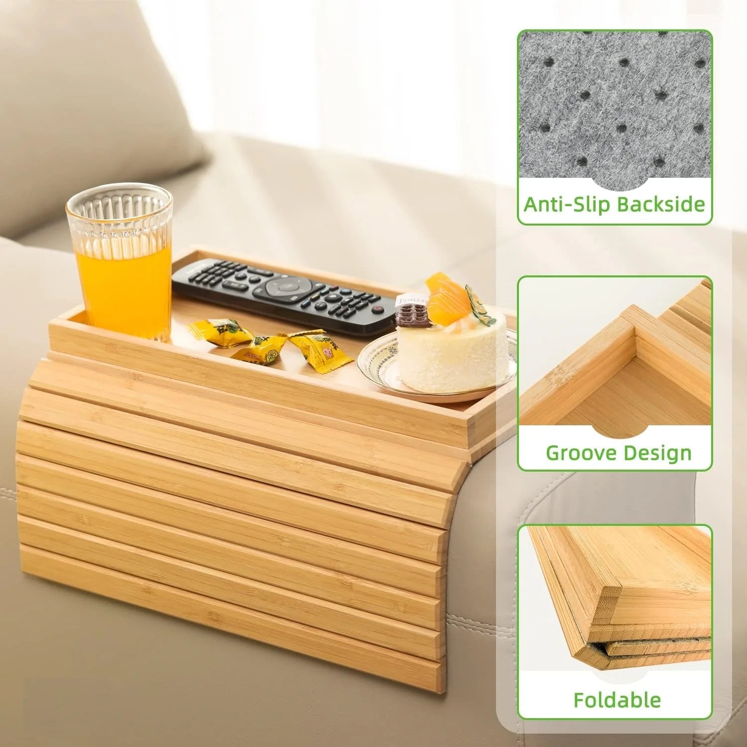 Bamboo Folding Sofa  Arm Tray, Sofa Armrest Tray Table Anti-Slip Living Room Small Coffee Table to Save Space Clip Table-4