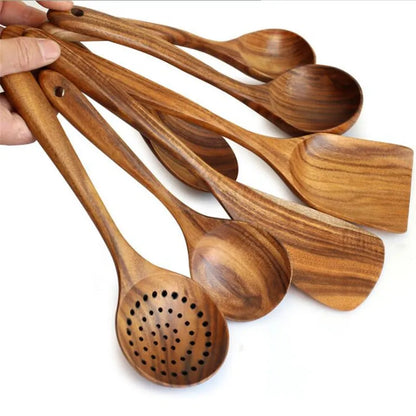 Kitchen 7 Piece Wooden Spoons Teak Wood Utensil Non-Stick Wooden Cooking Utensils Tools Set Accessories Soup Spatula-0