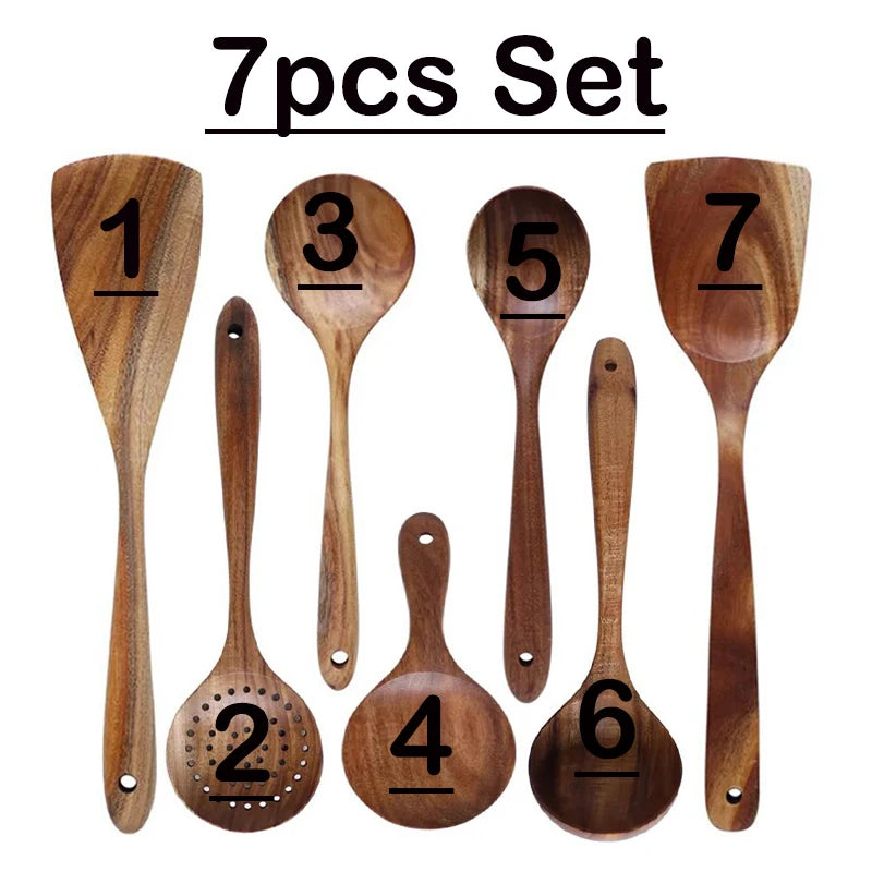 Kitchen 7 Piece Wooden Spoons Teak Wood Utensil Non-Stick Wooden Cooking Utensils Tools Set Accessories Soup Spatula-6