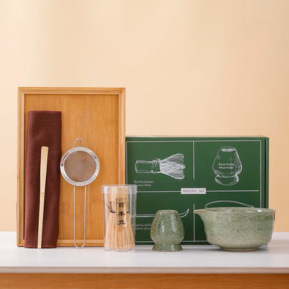 EcoDrop 7-Piece Handmade Matcha Set – Ceramic Tea Bowl & Bamboo Whisk Gift Set