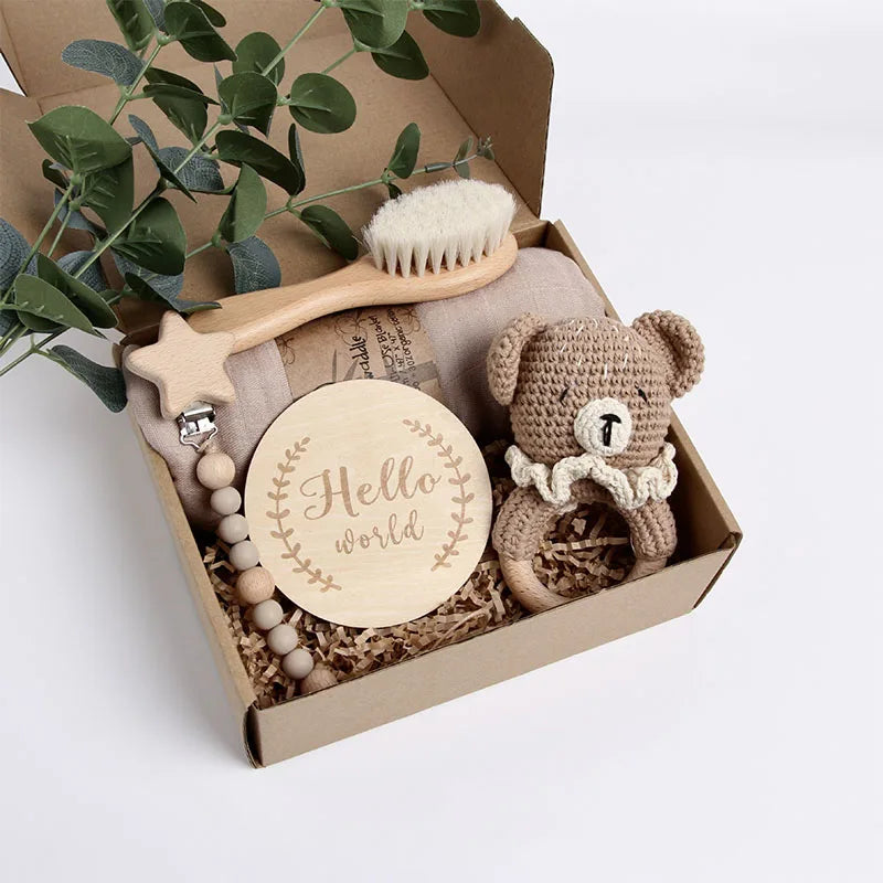 Handmade Crochet Wooden Baby Rattle Set with Pacifier Clip Newborn Gift and Baby Shower Present in Gift Box-8