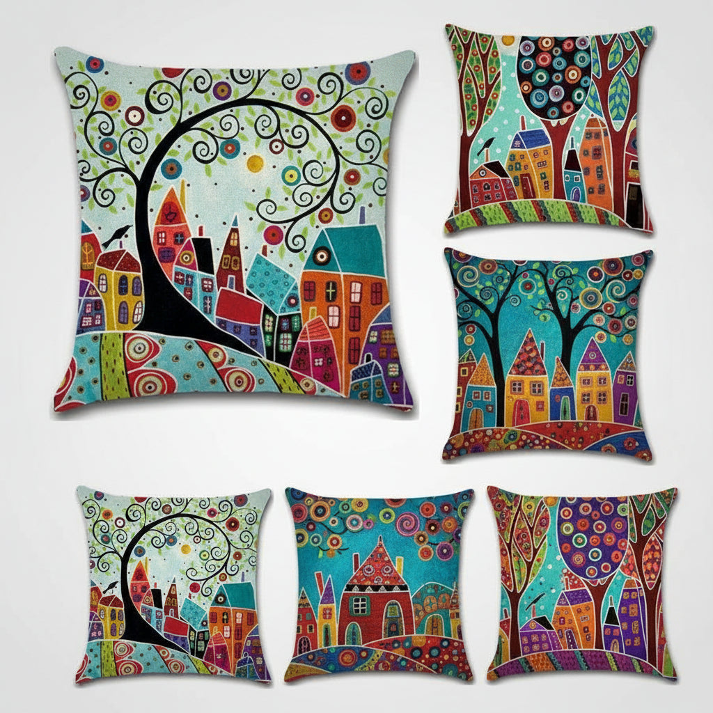 EcoDrop Hand-Painted Retro Rural Color Cities 45*45Cm Cushion Cover Linen 